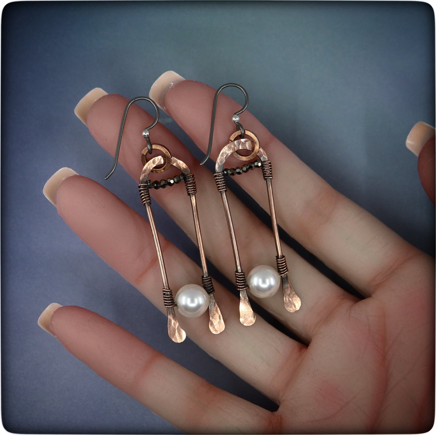 Earthy Copper and Pearl Dangle Earrings