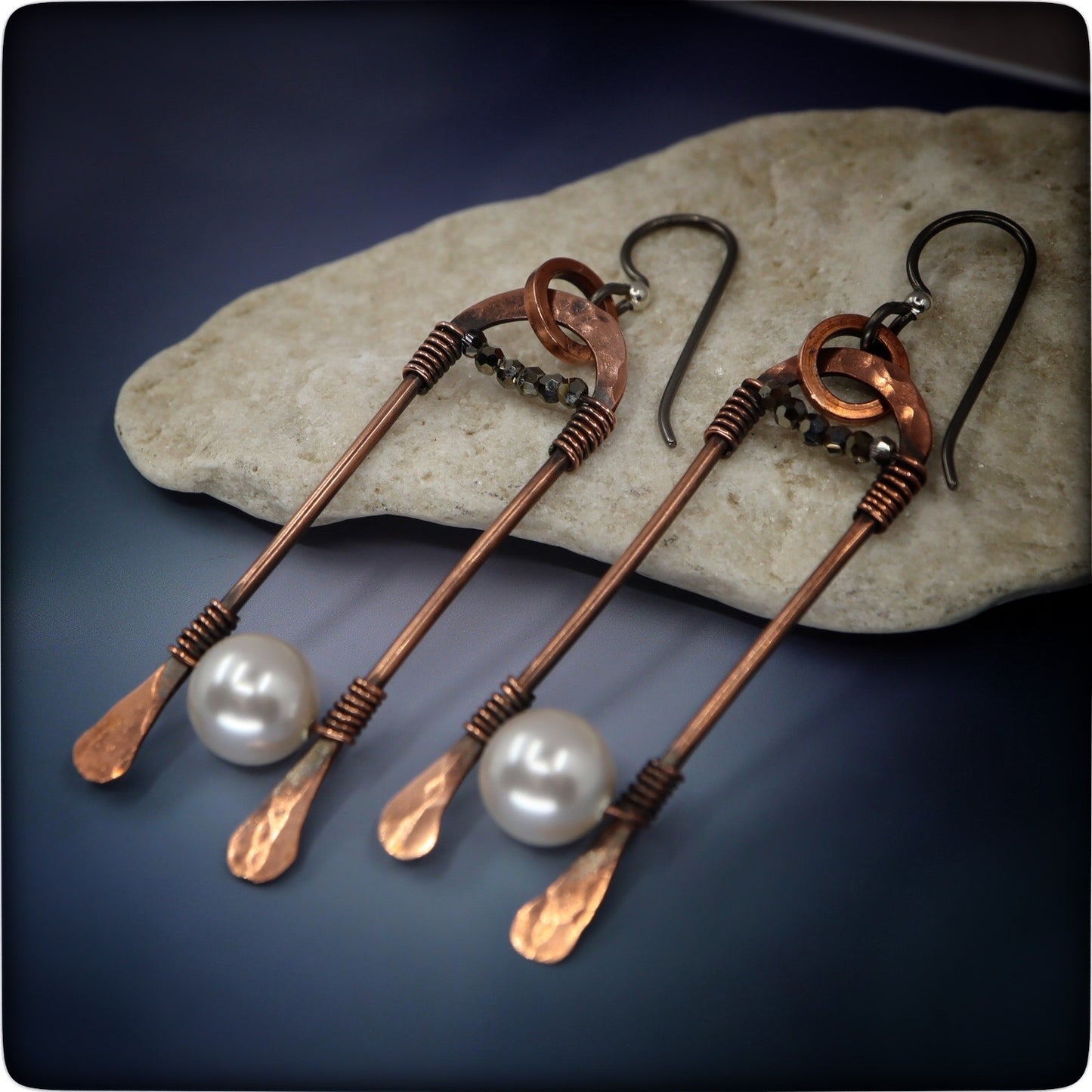 Earthy Copper and Pearl Dangle Earrings