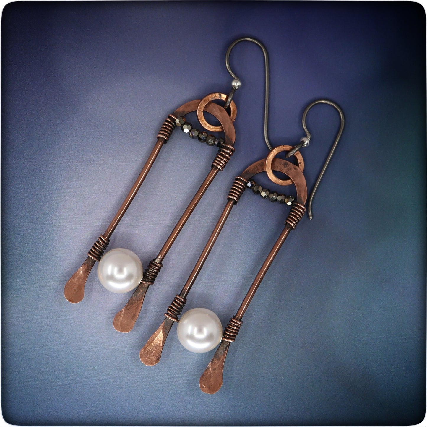 Earthy Copper and Pearl Dangle Earrings