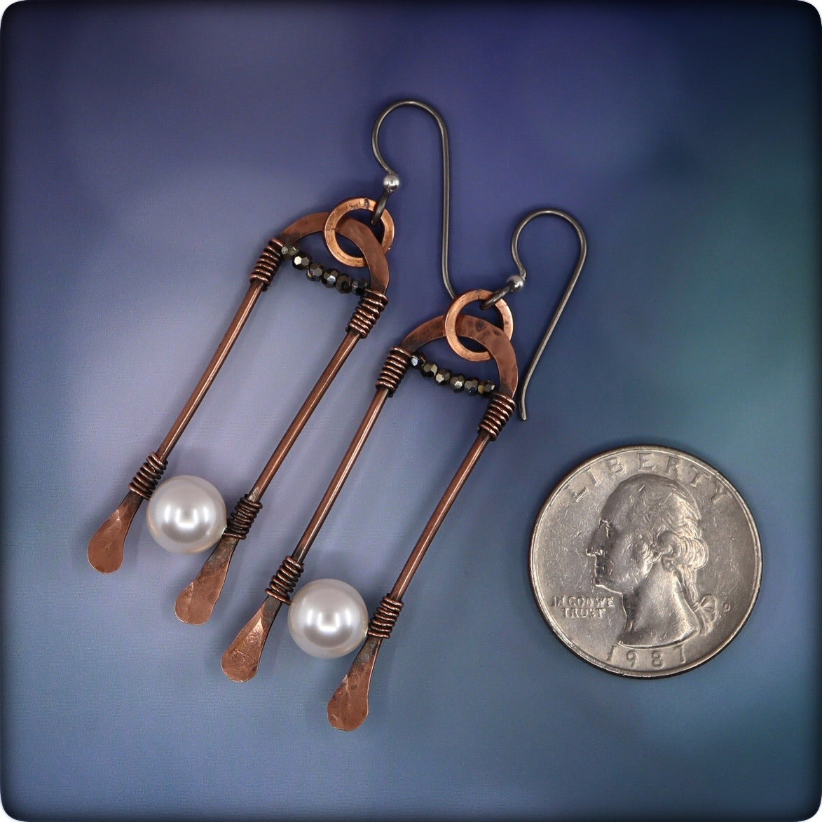 Earthy Copper and Pearl Dangle Earrings