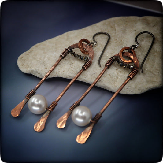Earthy Copper and Pearl Dangle Earrings