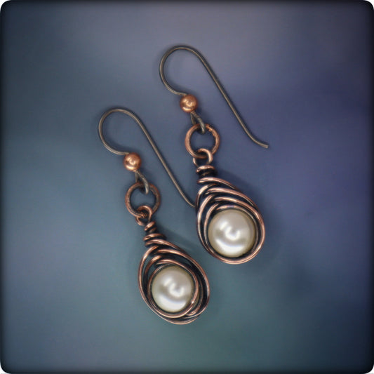 Woven Copper Pearl Earrings