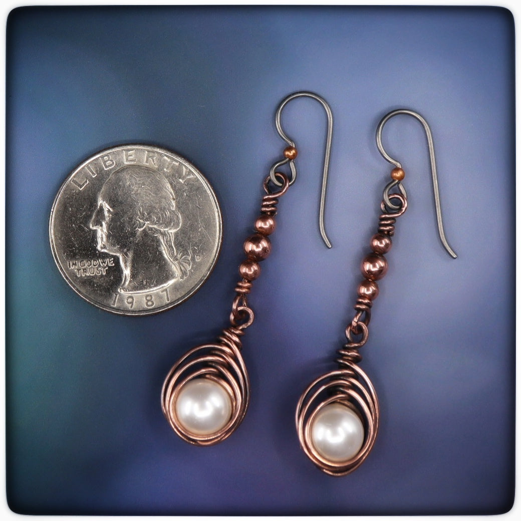 Woven Copper Pearl Dangle Earrings