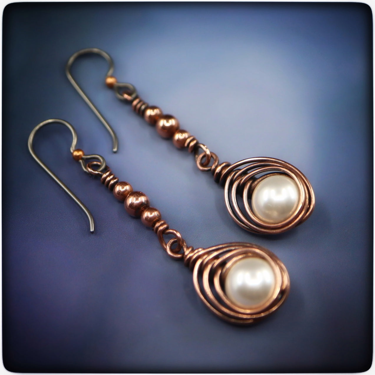 Woven Copper Pearl Dangle Earrings