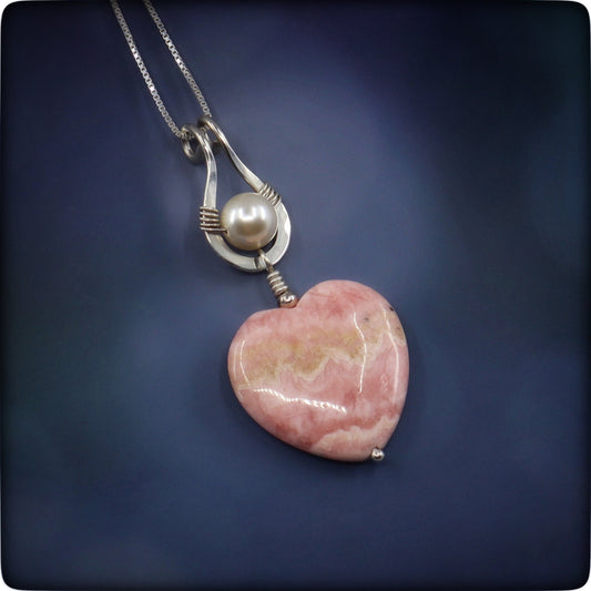 "All My Love"  Rhodochrosite, Sterling and Pearl Necklace